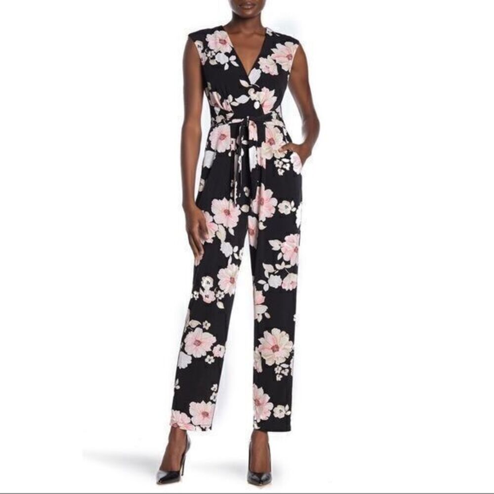 Eliza. J surplice black floral cap sleeve jumpsuit